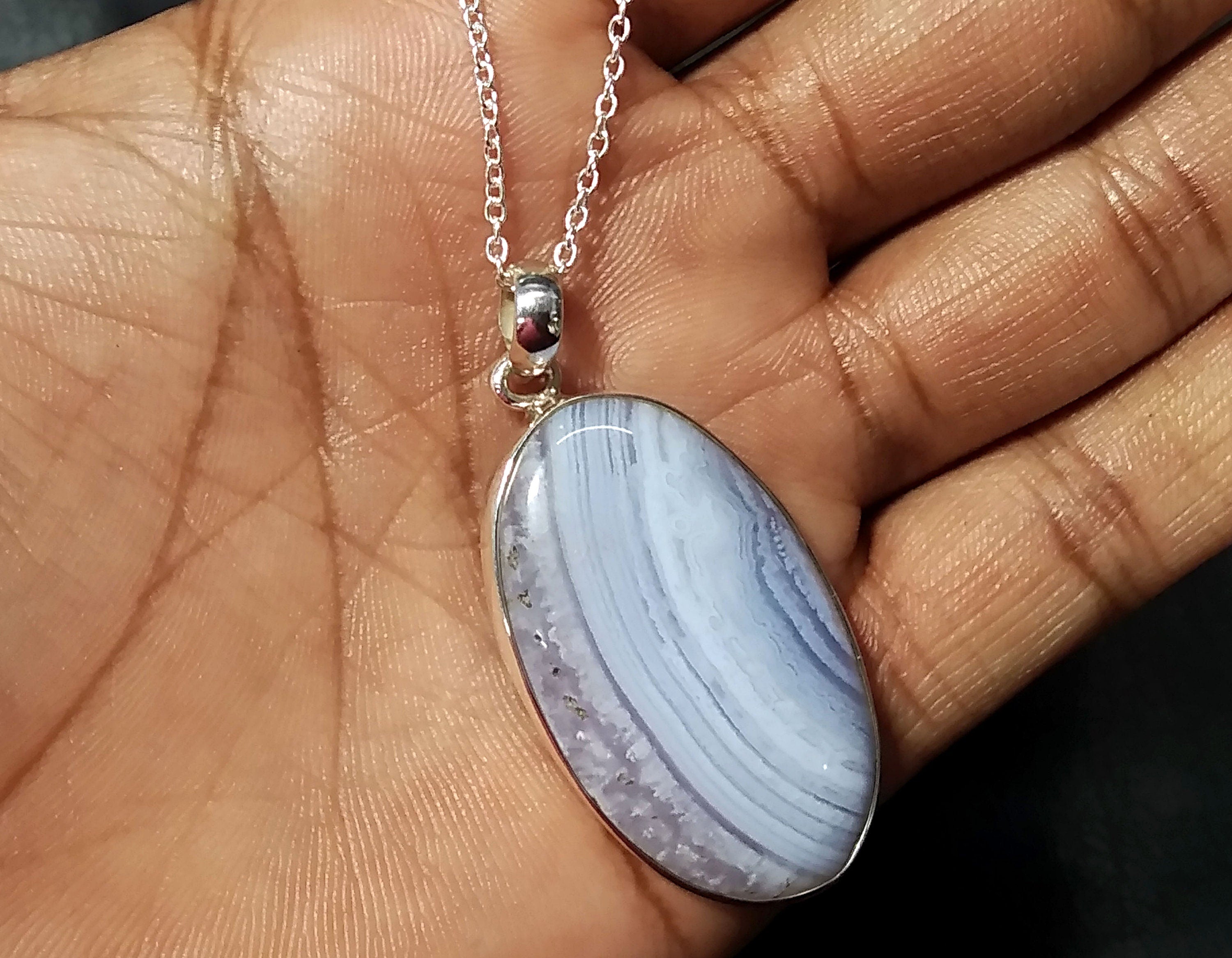 Natural Blue Lace Agate Gemstone Pendant, 925 Starling Silver Pendant Chain Necklace, Handmade Jewelry Stone Size 37x21 mm Gift Pendant